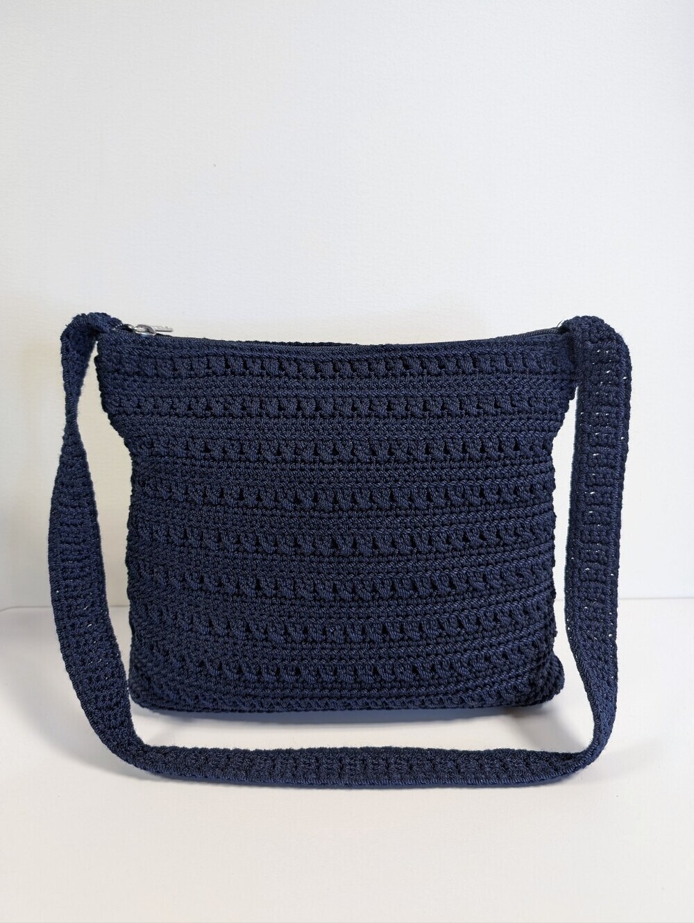 The Sak Navy Blue Crochet Knit Zip Shoulder Bag Boho Hobo Purse